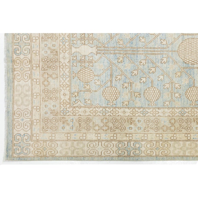 Modern Khotan Style Pomegranate Tree Rug – Sky Blue & Ivory Hand-Knotted Wool For Sale - Image 11 of 11