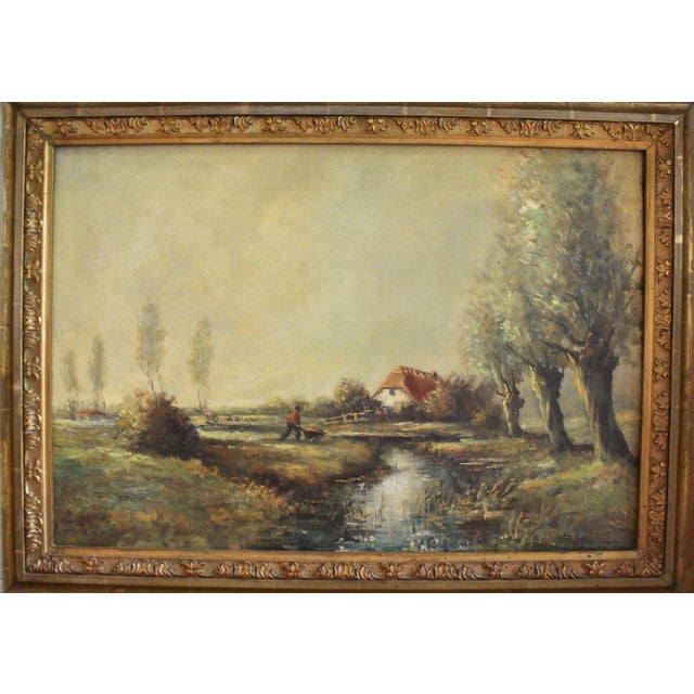 Mid-19th century river & cottage scene oil on canvas landscape painting, English. "Across the Field". Period frame....