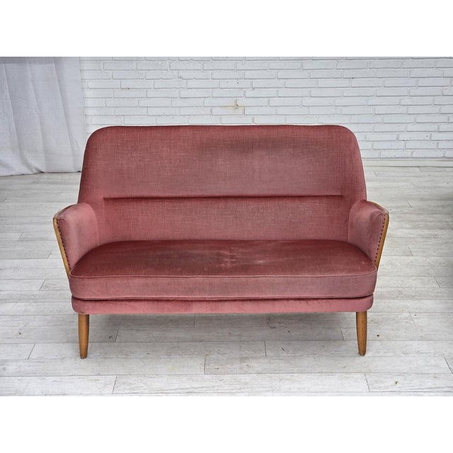 1970s, 2-seater Swedish sofa. Original pink furniture velour, beech wood, springs in the seat cushion. Original good...
