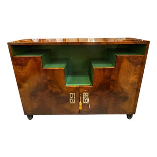 1970s Art Deco Style Burl Wood Bar Cabinet With Green Interior For Sale