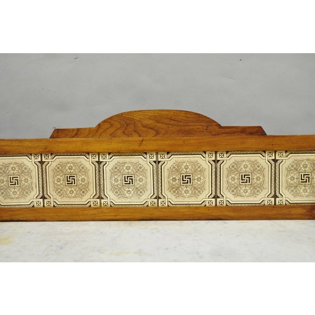Antique Victorian Walnut Marble Top Washstand Good Luck Swastika Tile Backsplash For Sale - Image 9 of 18