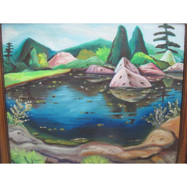 Cabin Signed Attributed to Arthur Lismer Framed River Landscape Surreal Oil Painting For Sale - Image 3 of 8