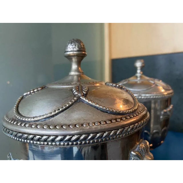 Silver Late 19th Century Pair of Footed Antique Silver Plated Urns With Lion's Head Handles For Sale - Image 8 of 13