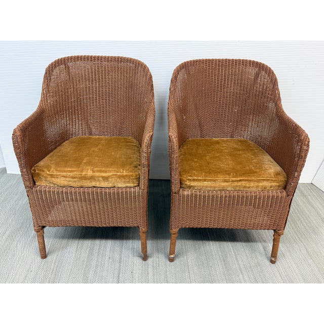 Design Plus Gallery presents a Pair of Rattan + Velvet Lounge Chairs. These vintage seats are similar in style to the...