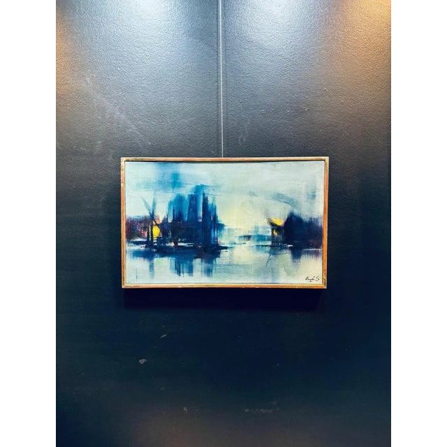 Modern Sergio Cecchi, Navy Blue Scene, Oil on Canvas, 1960s For Sale - Image 3 of 10