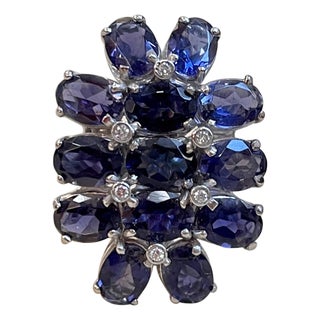 10 Carat Natural Iolite and Diamond Cocktail Ring in 18 Karat White Gold Estate For Sale