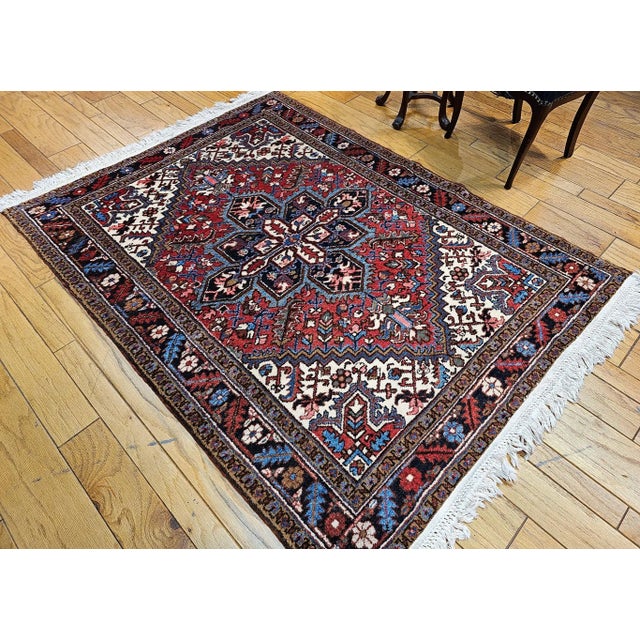 Art Deco Vintage Heriz Area Rug, Handwoven Geometric Pattern, Red & Navy, 5’ X 7’ For Sale - Image 3 of 11