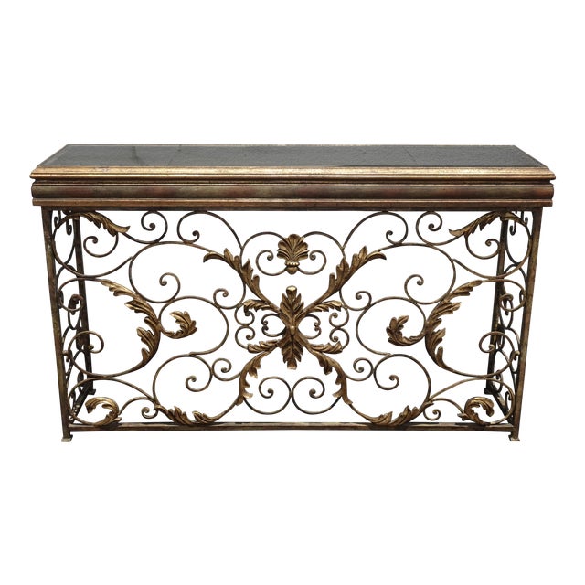 Vintage Ornate Iron & Metal Gold Scrolled Console Entry Table W Veined
