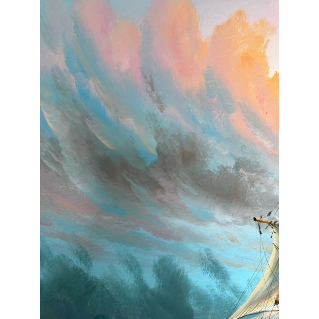 Early 21st Century Original Oil Painting Tall Ship at Sea Framed Maritime Seascape For Sale - Image 5 of 9