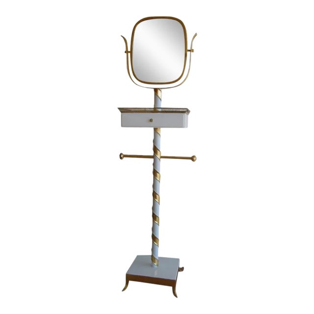 Vintage Venetian Italian Gilded & White Lacquered Swivel Standing Vanity Mirror or Sculpture Signed 50's For Sale
