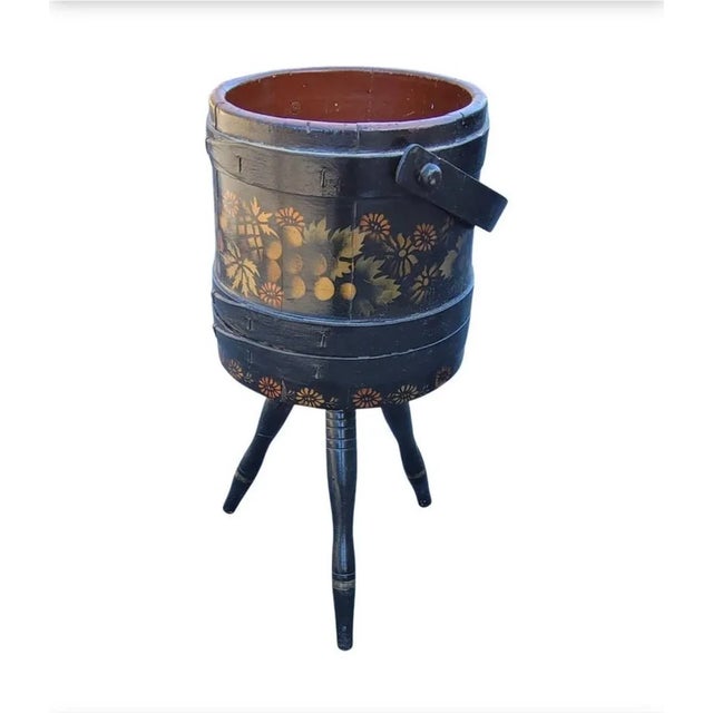1920s Hand-Crafted, Painted and Decorated Tripod Firkin or Sewing Bucket For Sale - Image 4 of 7