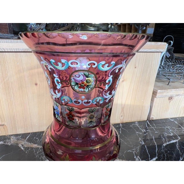 Glass Ruby Red Enamelled and Gilded Bohemian Crystal Vase For Sale - Image 7 of 12