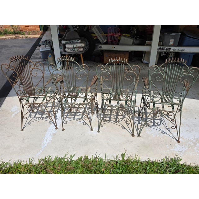 Green Vintage Neoclassical Style Green Wrought Iron Lyre Harp Garden Chairs - Set of 4 For Sale - Image 8 of 12