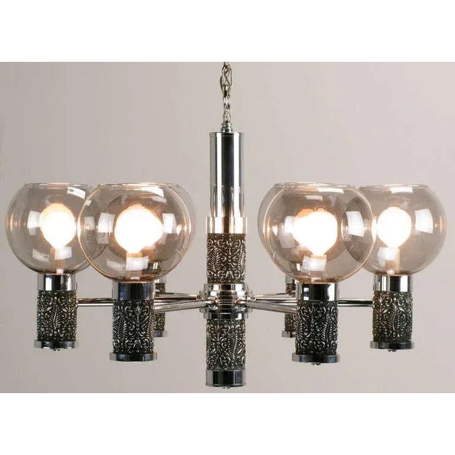 Moe-Bridges Chrome & Smoked Glass Chandelier With Foliate Relief Detail For Sale - Image 4 of 7