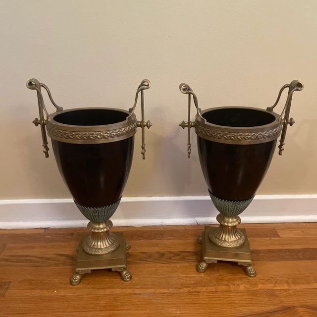 Mid 20th Century Mid 20th Century Neoclassical Black & Bronze Vases or Urns - a Pair For Sale - Image 5 of 6