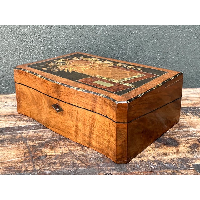 Brown Vintage Wood Inlay Writing Desk With Inkwells For Sale - Image 8 of 14