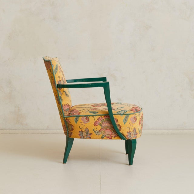 French Floral Armchair with Green Lacquered Frame, 1940s - 2 Available For Sale - Image 4 of 10