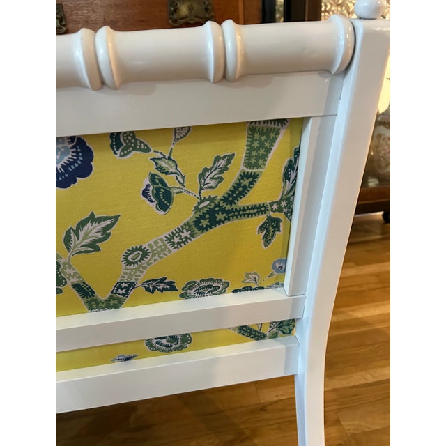 Wood 1971 White Chinoiserie Faux Bamboo Club Chairs by Ayers Furniture With Mad Cap Cottage Fabric For Sale - Image 7 of 11