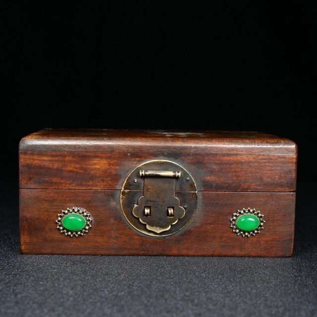 Vintage Chinese Rosewood Jewelry Box With Mother-of-Pearl Deer Inlay & Jade Clasp For Sale - Image 4 of 7