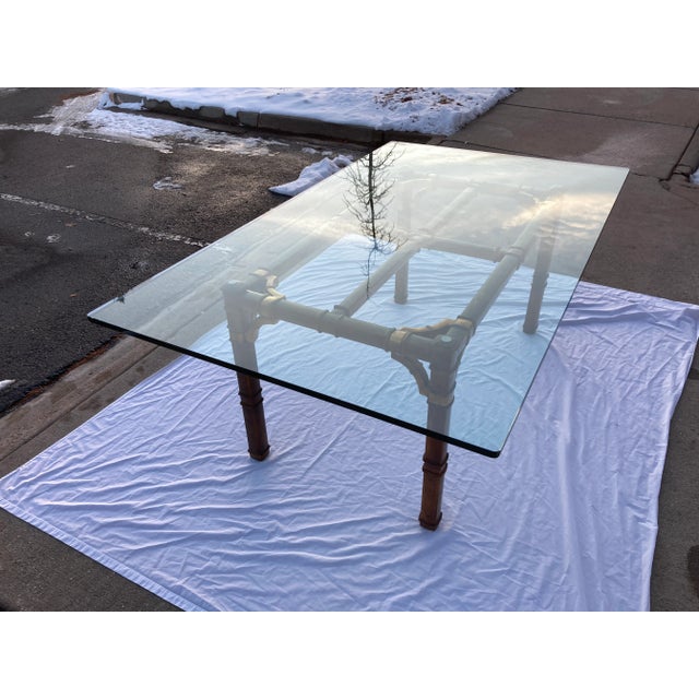 Asian Influenced Glass Dining Table in Faux Bamboo Having Bronze Fretwork For Sale In Denver - Image 6 of 12
