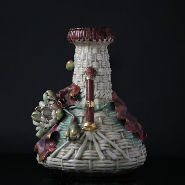 Tan Amphora Turn-Teplitz Art Nouveau Basket-Weave Floral Vase Circa 1900 For Sale - Image 8 of 14