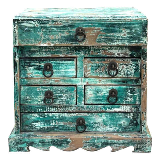 14" Distressed Faded Teal Green Small 5 Drawers Storage Chest Box For Sale