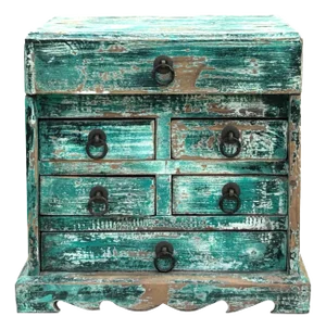 14" Distressed Faded Teal Green Small 5 Drawers Storage Chest Box