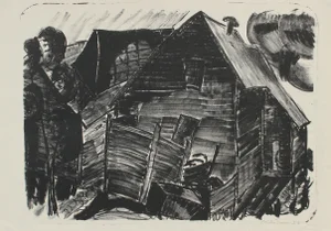 Monochrome Graphic Abstracted Barn 1953 Lithograph
