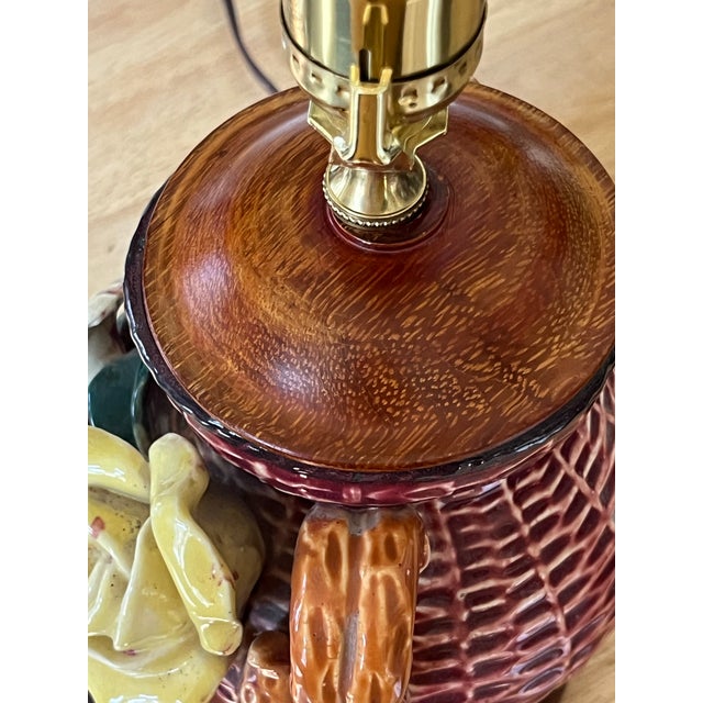 Vintage Barbotine Table Lamp With Wicker Shade For Sale - Image 10 of 12
