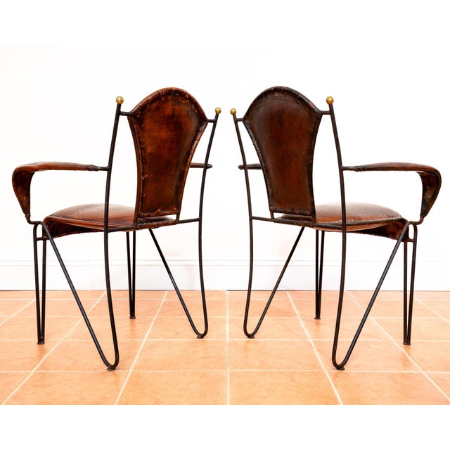 Mid-Century Bauhaus Modern Sculptural Leather Armchairs in Iron and Brass from Jacques Adnet, 1950s, Set of 2 For Sale - Image 9 of 18