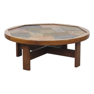 Large Brutalist Round Coffee Table with Tiles, 1970s For Sale