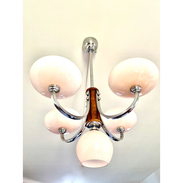 Art Deco Chandelier in Pink Glass, Wood and Chrome, 1930 For Sale - Image 6 of 13