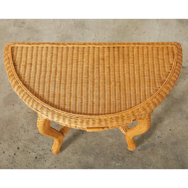 Mid-Century Modern French Midcentury Organic Modern Wicker Demilune Console For Sale - Image 3 of 12