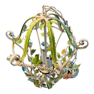 Vintage 1940s Small Floral Birdcage Tole Chandelier For Sale