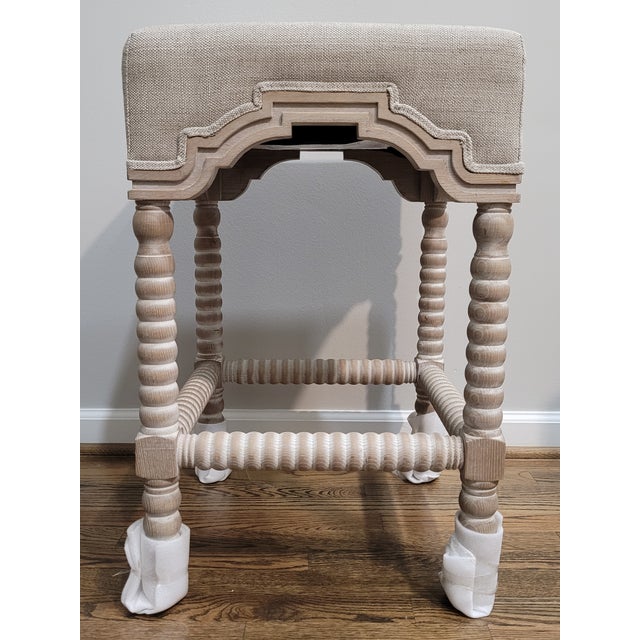Wood Essentials for Living French Linen Country Bisque Rue Square Counter Stool For Sale - Image 7 of 8