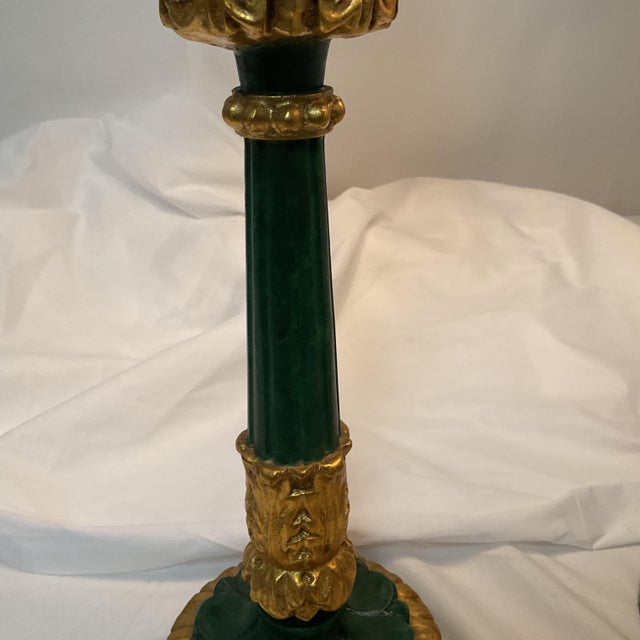 1970s Vintage Italian Hand Carved Goldleaf Wood Candle Stick Lamps With Shades/Finials - a Pair For Sale - Image 5 of 13