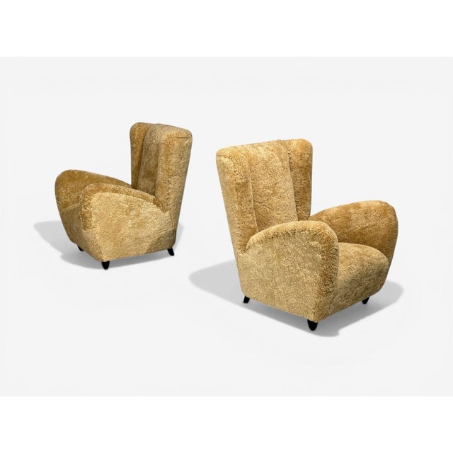 1950s Paolo Buffa Attrib., Beige Shearling, Wood, Lounge Chairs, Italy, 1950s For Sale - Image 5 of 14