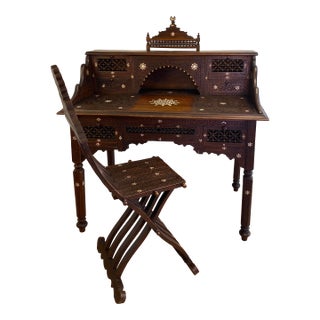 Antique Moorish Style Inlaid Desk and Chair Set For Sale