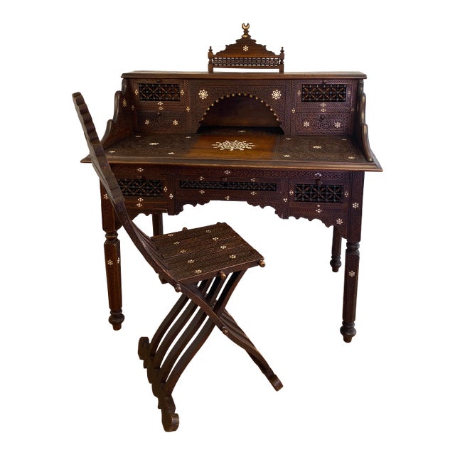 Antique Moorish Style Inlaid Desk and Chair Set For Sale