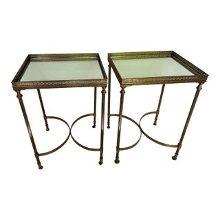 Pair of Global Views Brass Finish Glass Top Neoclassical Side Tables With Gallery Rail For Sale