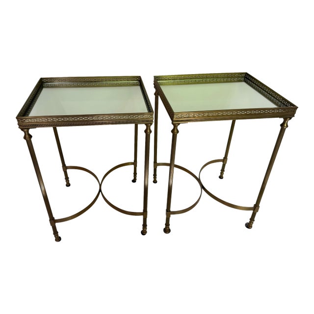 Pair of Global Views Brass Finish Glass Top Neoclassical Side Tables With Gallery Rail For Sale
