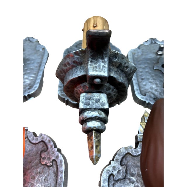 1910s Bare Bulb 4 + 1 Hammered Wall Sconces Storybook or Spanish Revival Mission Style #2598 For Sale - Image 11 of 14