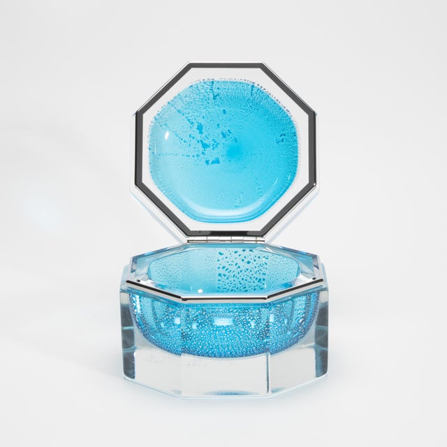 Metal Hand-Blown Murano Box in Aqua Blue With Silver Flecks and Chrome Fittings For Sale - Image 7 of 8