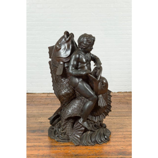 Mid 20th Century Greco-Roman Style Bronze Putto Riding a Dolphin Fountain For Sale - Image 11 of 13