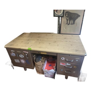 Vintage Industrial Metal Desk With Wooden Top- Stickers Included For Sale