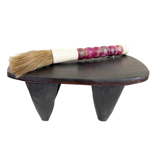 This striking large Chinese calligraphy brush features a jade color soapstone handle dyed amber and ox bone accents,...