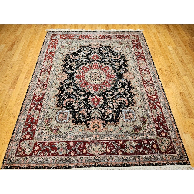 Vintage Persian Tabriz Rug, Hand-Knotted Wool & Silk, Floral Garden Pattern, Black & Red, 8x10 For Sale - Image 15 of 18