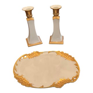 Vintage Platter and Candlesticks Set Gilded Gold and White For Sale