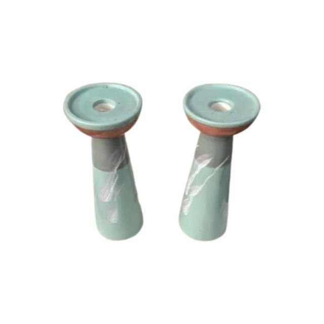 Postmodern (Set of 2 ) Vohann of California Pottery Pastel Ceramic Candle Sticks For Sale - Image 3 of 3