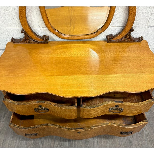 Antique Victorian Tiger Oak Serpentine Dresser With Mirror For Sale - Image 10 of 11